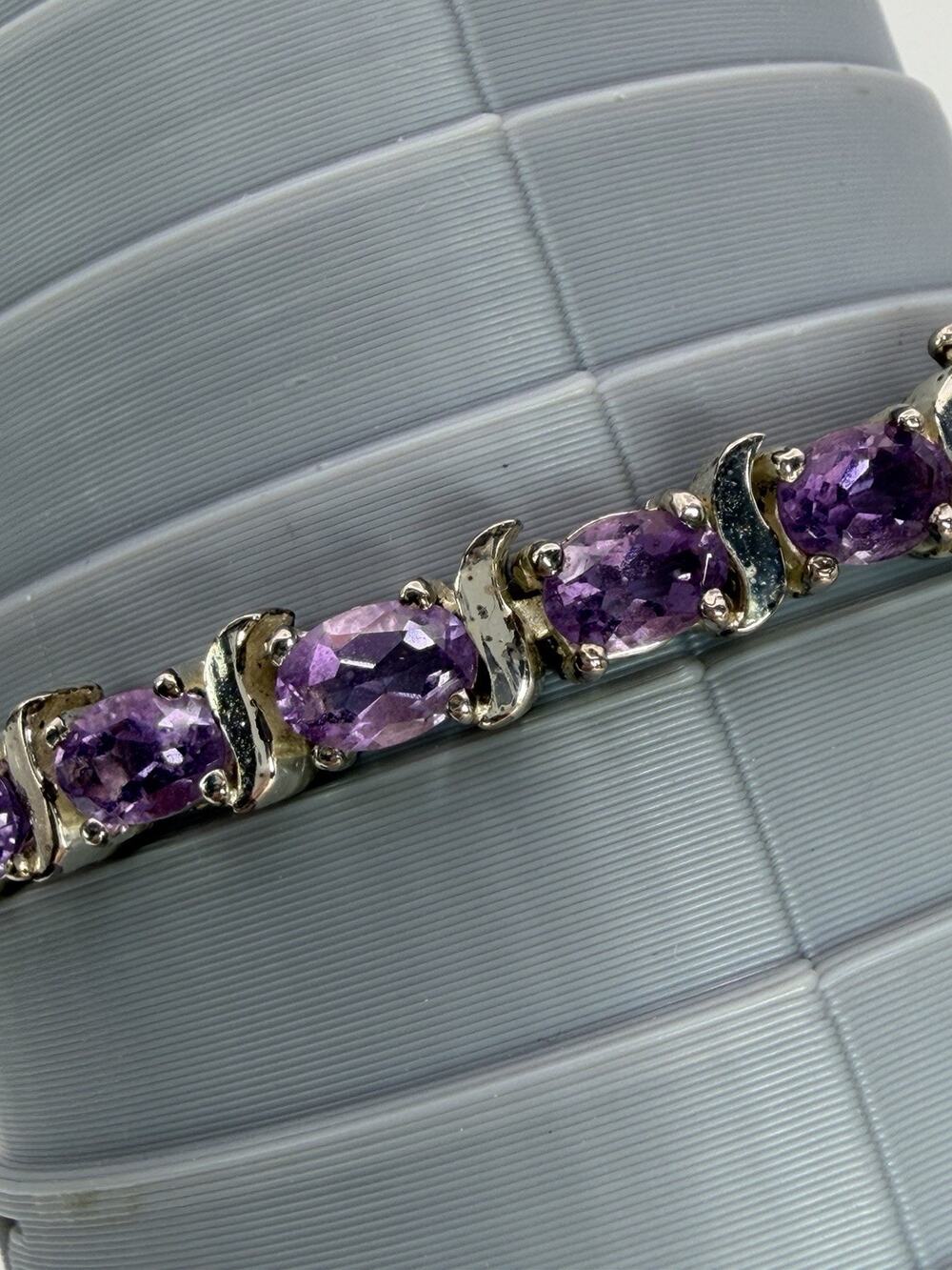 VTG Han Thai Sterling Silver Amethyst? Purple Stone Tennis Bracelet S Curve 7"